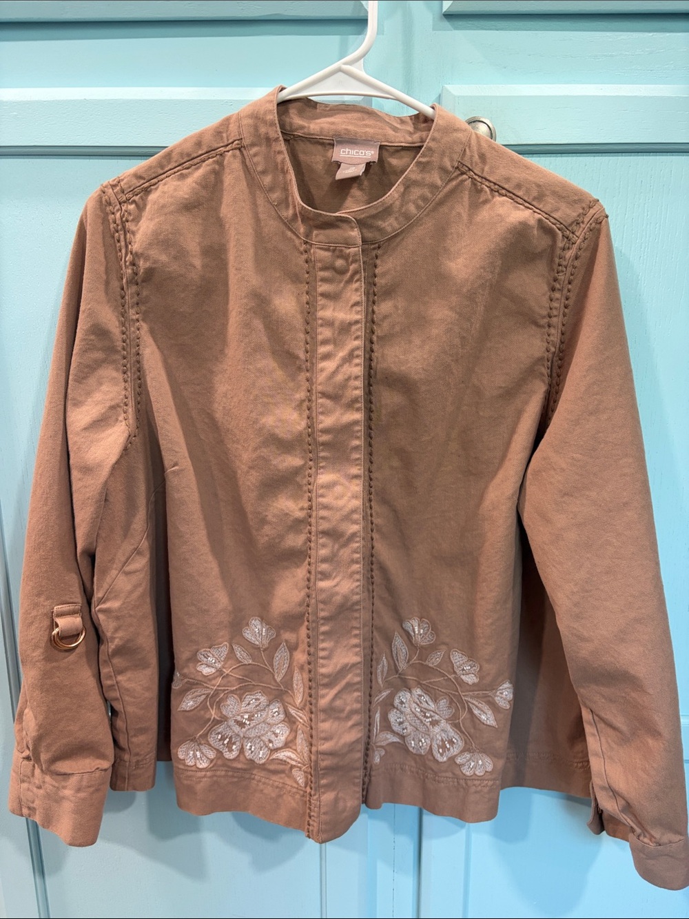 Chico's Rose Taupe Embroidered Utility Jacket